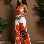 Floral Print One Shoulder Crop Top  Wide Leg Pants Set