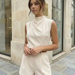 Beige Draped High Neck Sleeveless Top Tailored Shorts Casual Set