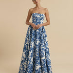 White Blue Floral Print Strapless Structured Bodice A-Line Maxi Dress