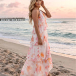 White Floral Vacation Tiered Ruffled Relaxed Maxi Dress