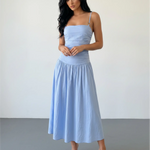Light Blue Ruched Spaghetti Strap Midi Dress