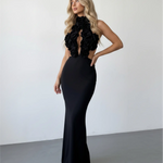 Black 3D Floral Halter Neck Cutout Lace Up Mermaid Maxi Dress