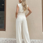 White High Waist Double Front Pleat Tailored Wide Leg Suit Pants