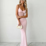 Pink Mesh Ruched Cutout Maxi Slip Dress