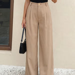 Beige Pinstripe High Waist Pleated Wide Leg Trousers