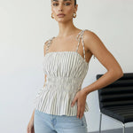 Striped Tie Shoulder Smocked Waist Peplum Cami Top