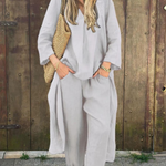 Linen Irregular Loose V-neck Top and High-Waisted Pocket Wide-leg Pants Set