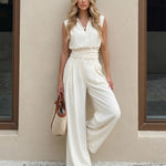 White Collared Sleeveless Ruched Waist Cropped Blouse