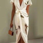 White Leaf Short Sleeve Satin Wrap Sheath Midi Dress