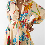 Vacation Tropical Floral Print Waist Tie Shirt & Maxi Skirt Boho Two Piece Set