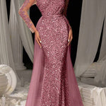 Evening Gown Dark Brown Sequined Lace Tulle Overskirt Mermaid Maxi Dress