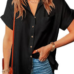 Zeagoo Linen Shirts Cotton Short Sleeve V Neck Collared Blouses