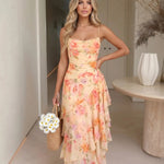 Watercolor Floral Spaghetti Strap Ruffle Midi Dress