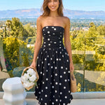 Black White Polka Dot Print Strapless Midi Dress