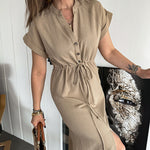 Zeagoo Women's Cotton Linen Dress Round Neck Single Breasted Button Sleeves Drawstring Slit Mid Length Dress