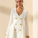 Gold Button Pleated Peplum-Hem Blazer Dress