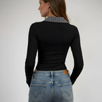 Black Contrast Color Patchwork Front Button Bodysuit