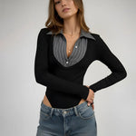 Black Contrast Color Patchwork Front Button Bodysuit