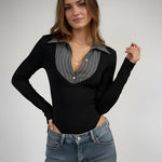 Black Contrast Color Patchwork Front Button Bodysuit