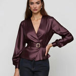 Wine Red Satin Belt Satin Wrap Top