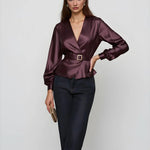 Wine Red Satin Belt Satin Wrap Top