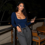 Navy Square Neck Hollow Out Top