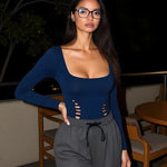 Navy Square Neck Hollow Out Top