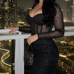 Mesh Polka Dot Ruffled Bodycon Mini Dress