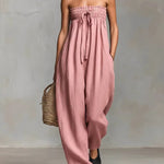Black Minimalist Loose-fitting Faux Linen-blend Strapless Jumpsuit