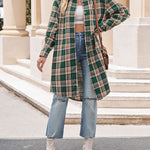 Zeagoo Plaid Longline Button-Up Shacket Lapel Neck Long Sleeve Shirt Pocket