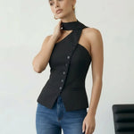Black Asymmetrical One Shoulder Neck Tie Blouse