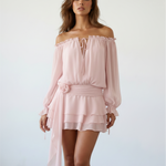 Beige Off-Shoulder Balloon Sleeve Ruffled with Floral Sash Mini Dress