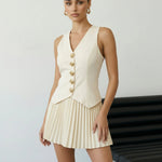 White V Neck Sleeveless Vest And Pleated Skirt Set