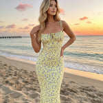 Yellow Floral Print Tie Strap Bodycon Maxi Dress