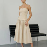 Beige Strapless Peplum Top Midi Skirt Two-Piece Dress