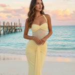 Yellow Halter Mesh Ruched Bodycon Maxi Dress