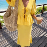 Yellow V Neck Double Front Tie Puff Sleeve Top Midi Skirt Two Piece Set