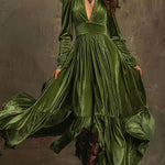 SERAFINA | RETRO OVERSIZED SKIRT LONG DRESS WITH DEEP V-NECK