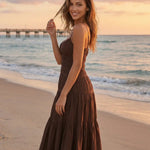 Brown Spaghetti Strap Cutout Detail Smocked Tiered Maxi Dress