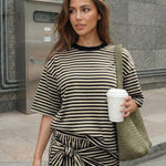 Beige Black Stripe Contrast Collar Oversized Short Sleeve T-Shirt Wide Leg Shorts Set