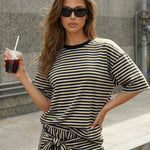 Beige Black Stripe Contrast Collar Oversized Short Sleeve T-Shirt Wide Leg Shorts Set
