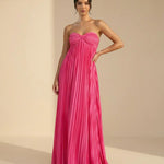 Fuchsia Pink Pleated Fabric Flowy Fit Maxi Dress