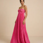 Fuchsia Pink Pleated Fabric Flowy Fit Maxi Dress