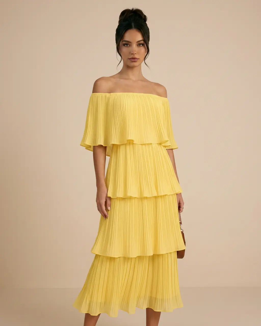 Yellow Tiered Pleated Off Shoulder Regular Fit Midi Dress