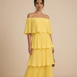 Yellow Tiered Pleated Off Shoulder Regular Fit Midi Dress