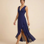 Navy Blue Ruffle Chiffon Slim Fit High Low Dress
