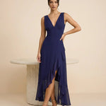 Navy Blue Ruffle Chiffon Slim Fit High Low Dress