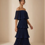 Navy Blue Pleated Tiered Slim Fit Midi Dress