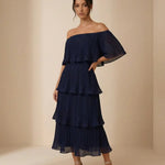 Navy Blue Pleated Tiered Slim Fit Midi Dress