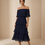 Navy Blue Pleated Tiered Slim Fit Midi Dress